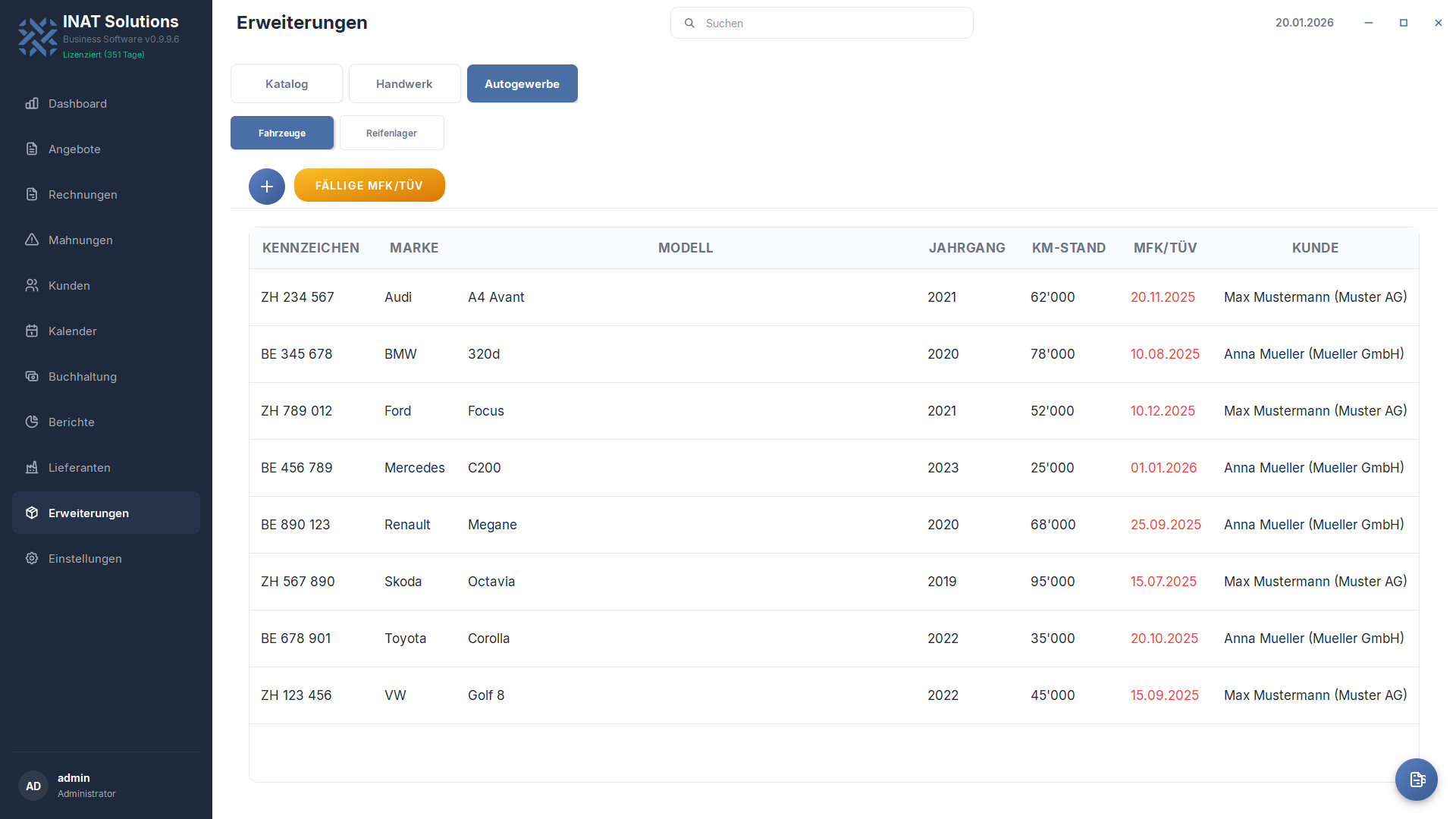 Fahrzeugverwaltung in INAT Solutions — Service-Historie und Kundendaten