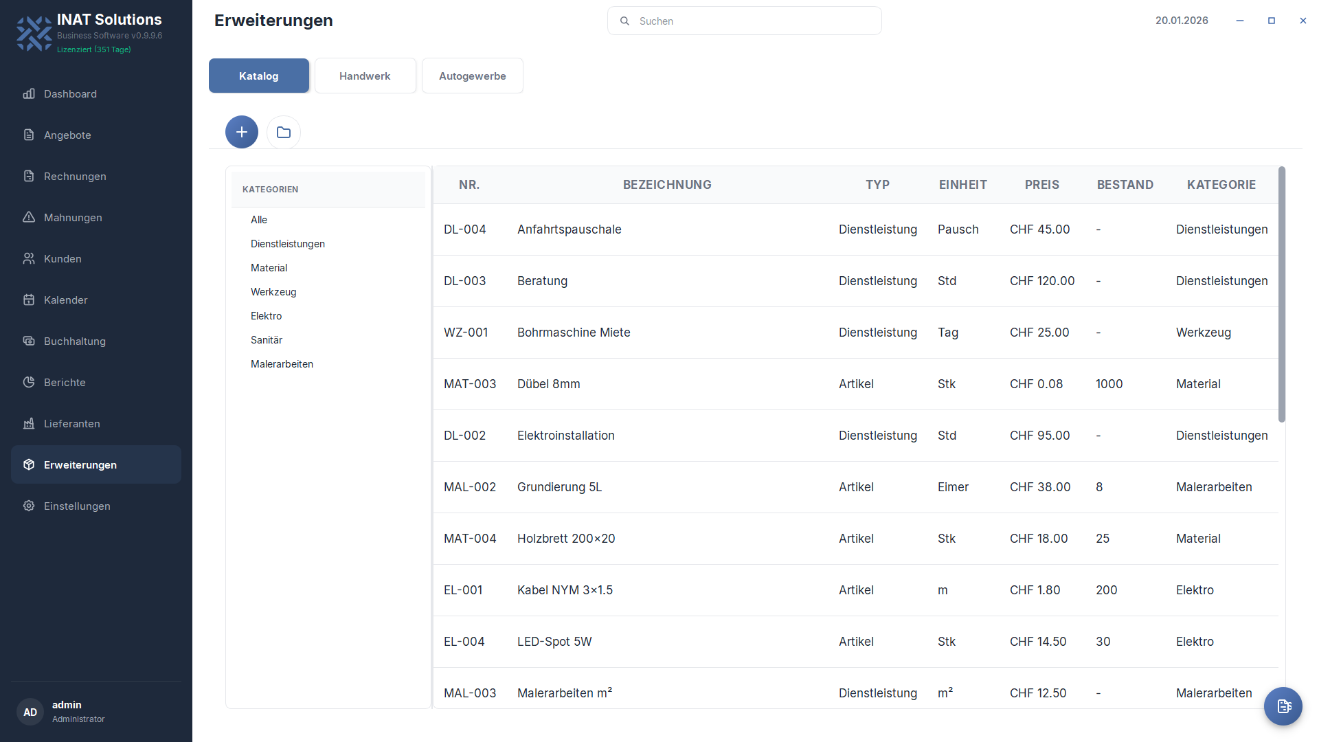 INAT Solutions Leistungskatalog — Produkte und Services verwalten