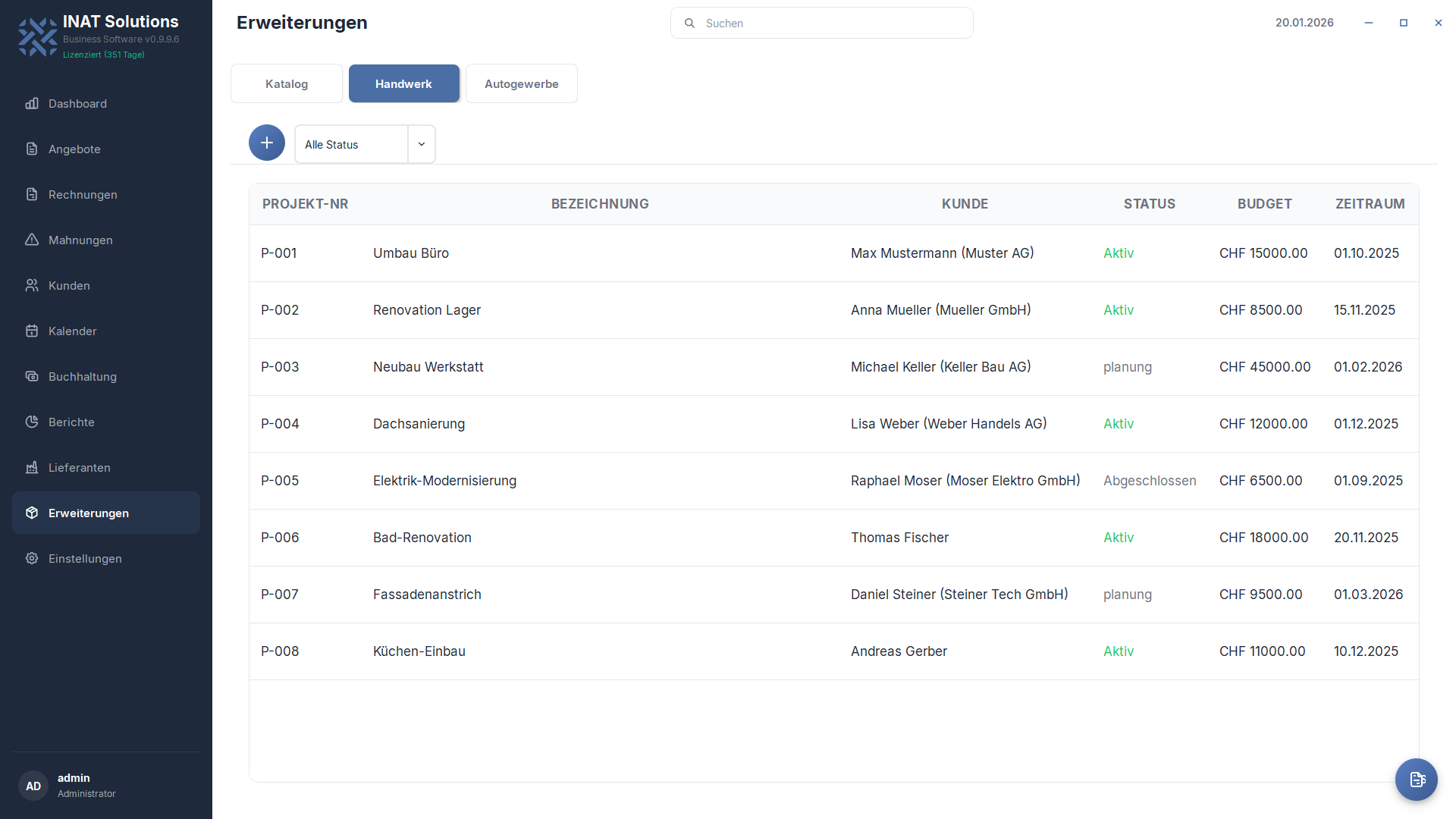 Projektverwaltung in INAT Solutions — Aufträge und Projekte organisieren