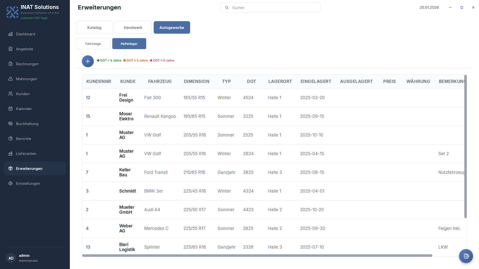 Reifenlager-Verwaltung in INAT Solutions — Einlagerung und Rückgabe